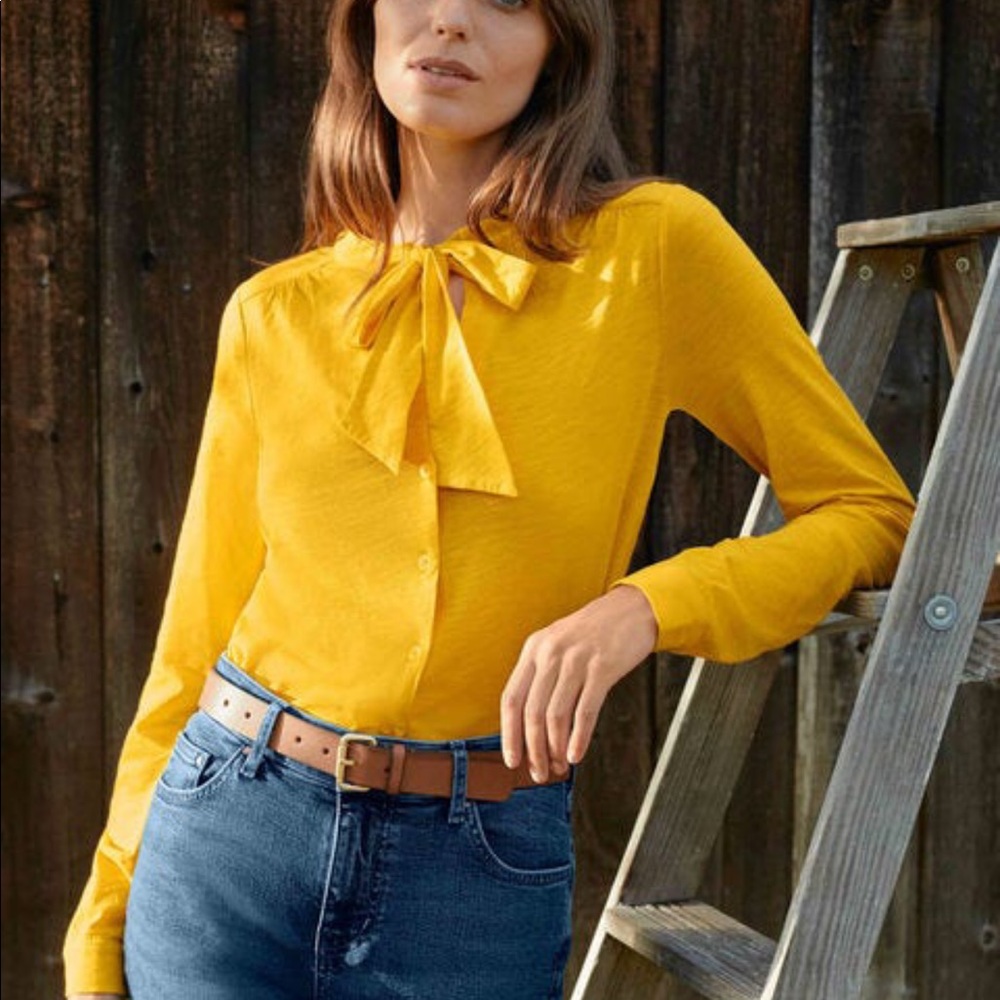 Boden Rachel Tie Neck Button-up Jersey Shirt Maize Yellow - Size US 16